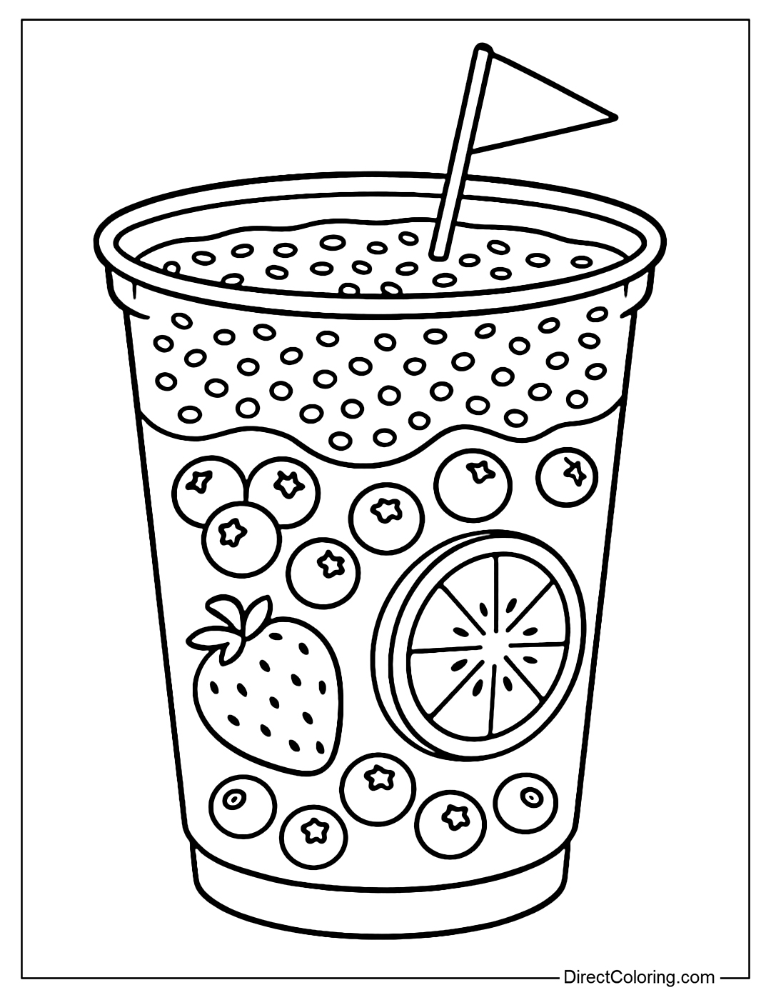A smoothie coloring page with chia seeds, blueberries, sliced ​​kiwi and a small paper flag on the glass.